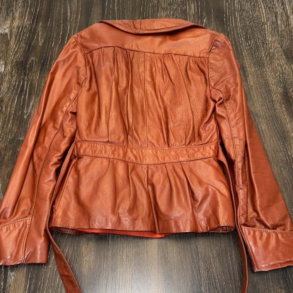 🟢 Vintage 1980s/1990s Rust Orange Belted 100% Leather Jacket - Picture 9 of 9